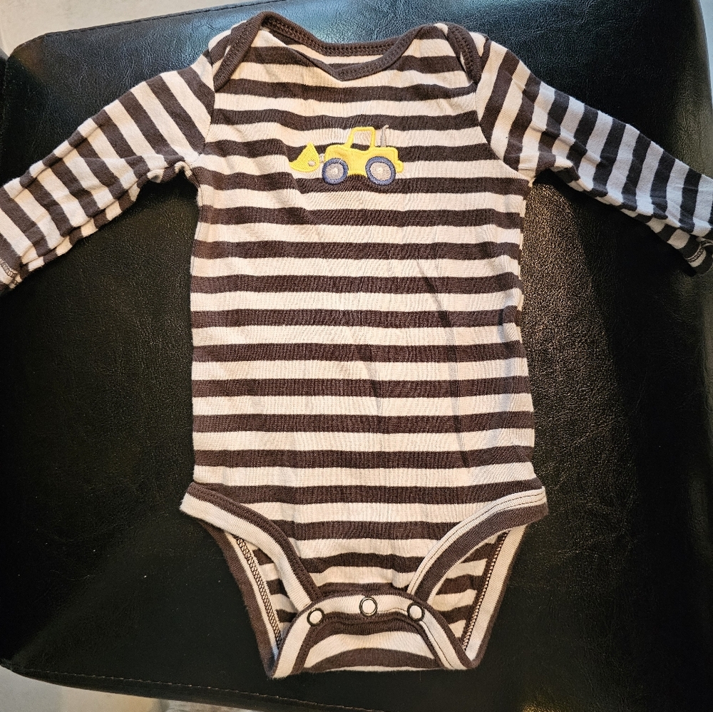 Boys striped long sleeve onesie with a truck on it